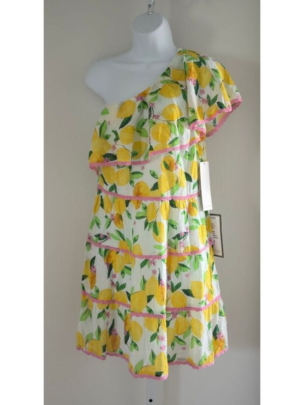 Adrianna Papell Multi One Shoulder Lemon Cotton Mini Dress Women Size 8